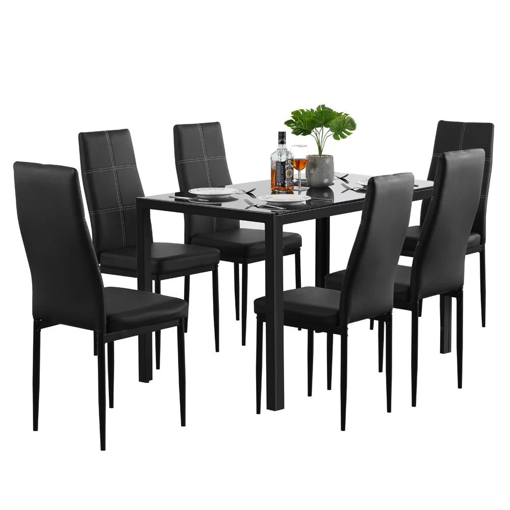 7 Piece Glass Metal Dining Set with 6 Chairs A93696