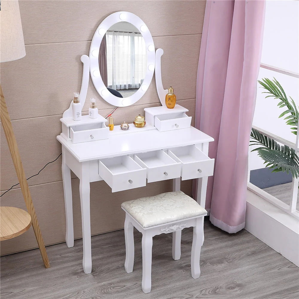 White Vanity Table Set with 5 Drawers and Cushioned Stool C81622