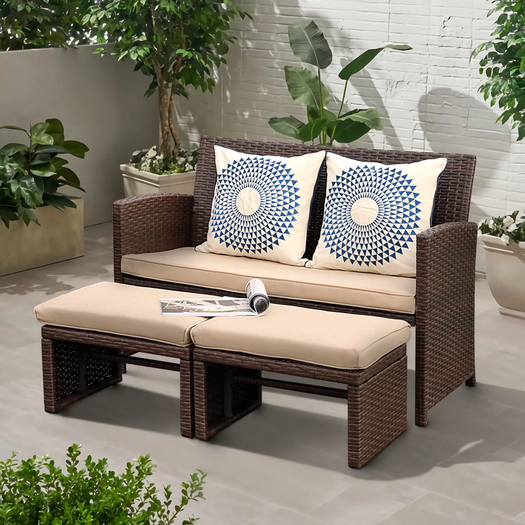 3 Piece Brown Rattan Outdoor Loveseat with Ottoman and Side Table N8413