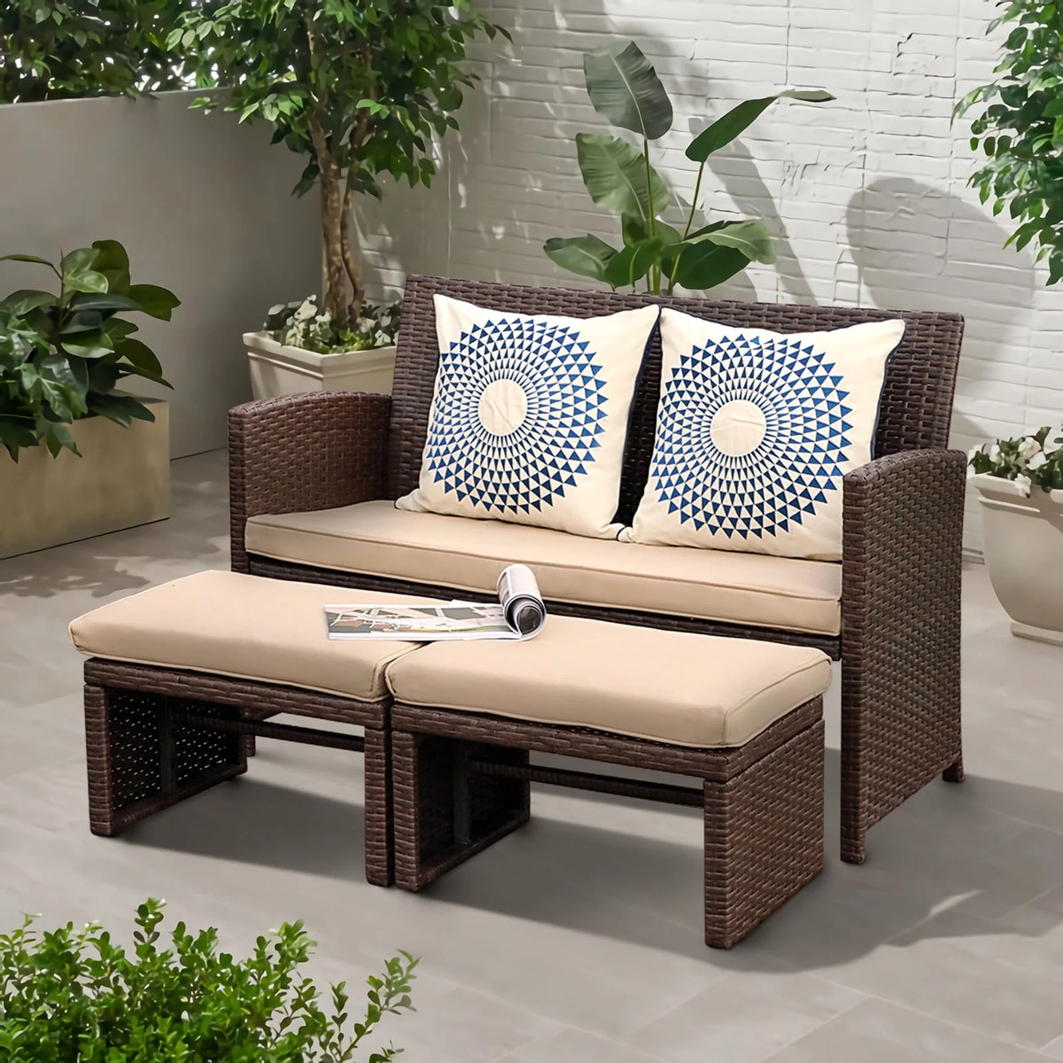 3 Piece Brown Rattan Outdoor Loveseat with Ottoman and Side Table N8413