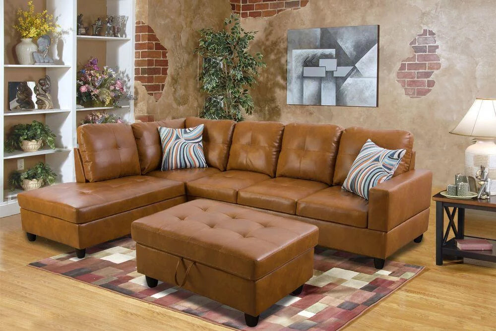 103.50" Wide Ginger Faux Leather Sectional with Ottoman Left Hand Facing C48188