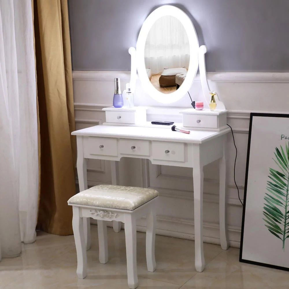 White Vanity Table Set with 5 Drawers and Cushioned Stool C81622