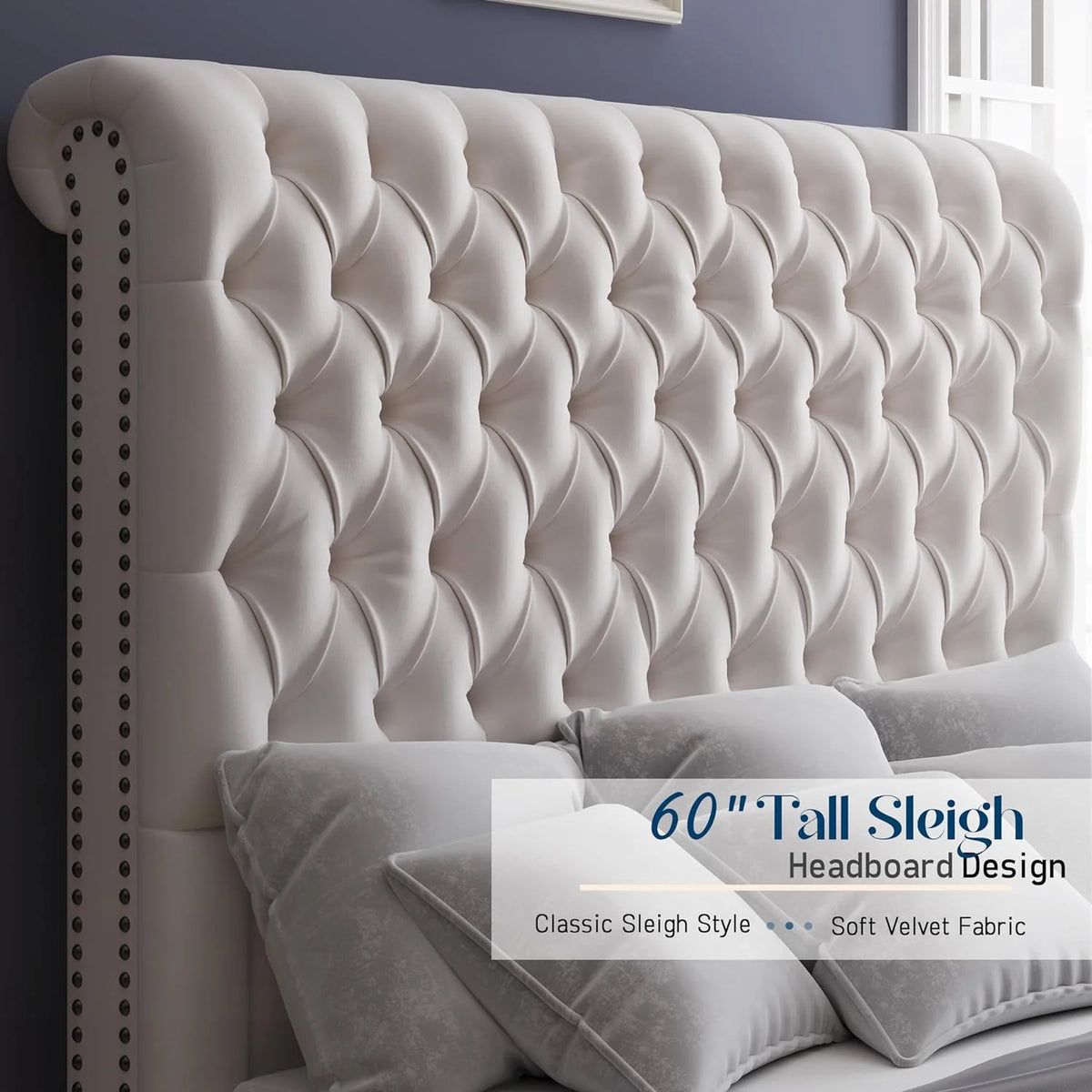 King Size Velvet Upholstered Platform Bed with Sleigh Headboard F878030