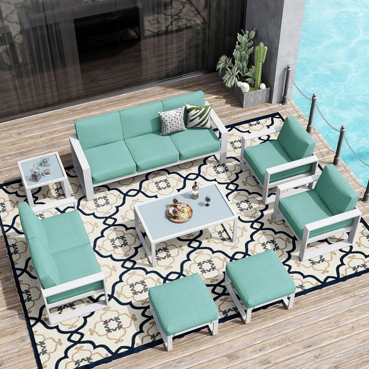 8 Pieces White Aluminum Patio Furniture Set with Ottoman and Coffee Table Y288784