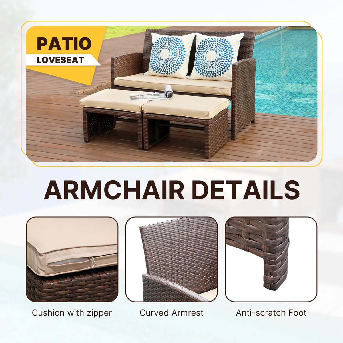3 Piece Brown Rattan Outdoor Loveseat with Ottoman and Side Table N8413