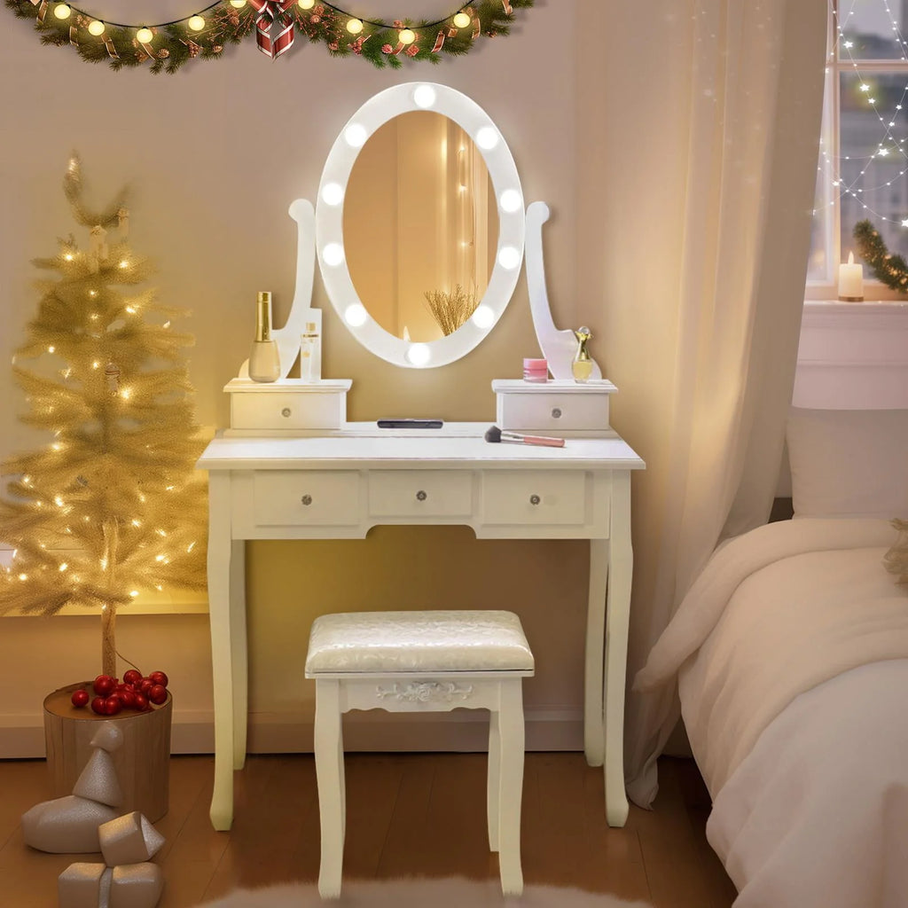 White Vanity Table Set with 5 Drawers and Cushioned Stool C81622