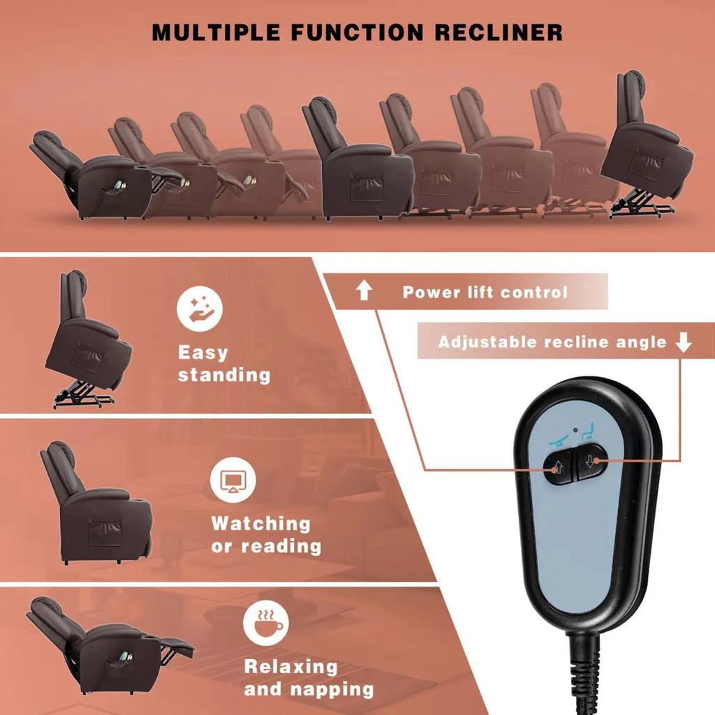 Brown Faux Leather Power Lift Recliner with Massage and Heat G858711