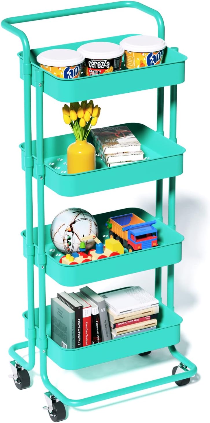 4 Tier Utility Rolling Cart with Lockable Wheels, Mesh Basket and 5 Hooks Q969