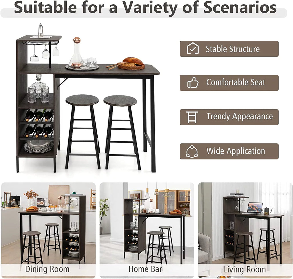 Bar Table and Chairs Set for 2, 3-Piece Counter Height Dining Table Set with Shelves L78811