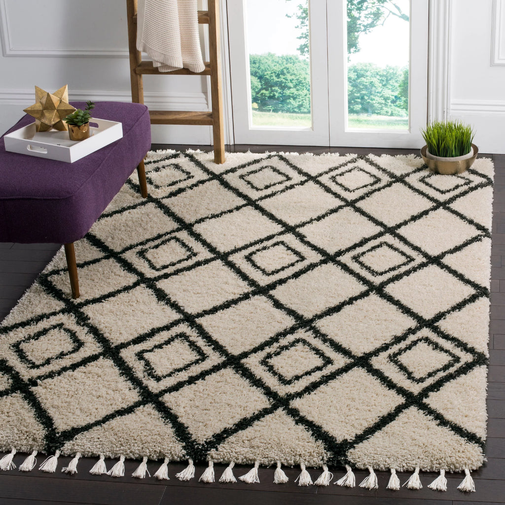 Cream Charcoal 8' x 10' Geometric Shag Area Rug J200609