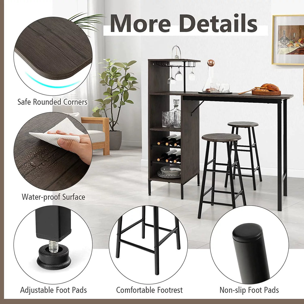Bar Table and Chairs Set for 2, 3-Piece Counter Height Dining Table Set with Shelves L78811