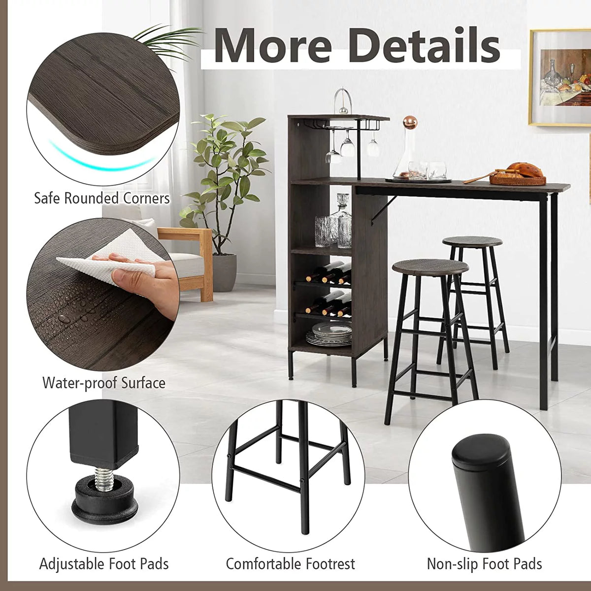 Bar Table and Chairs Set for 2, 3-Piece Counter Height Dining Table Set with Shelves L78811