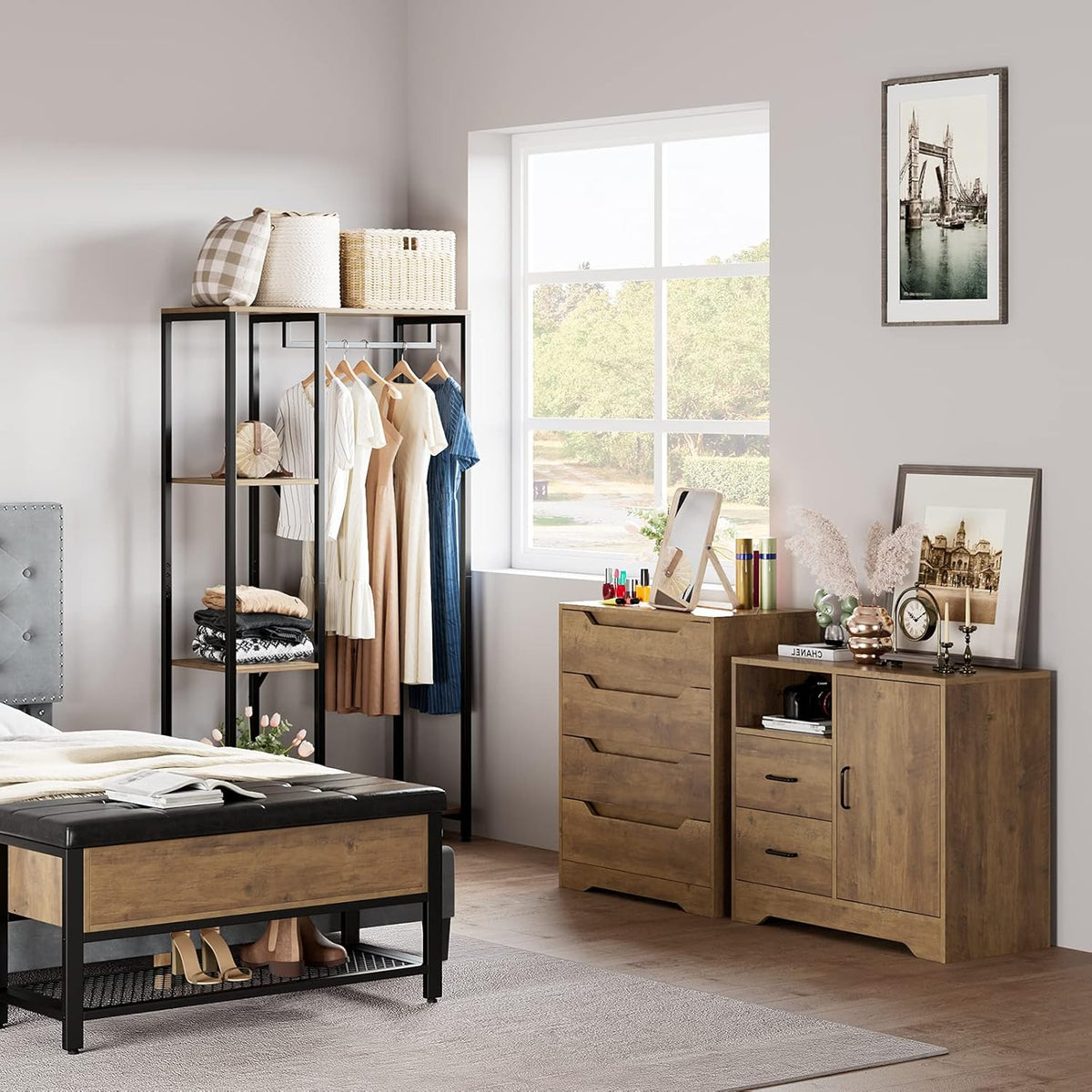 Rustic Brown 2 Drawer Wooden Storage Cabinet with Door and Adjustable Shelves D78032