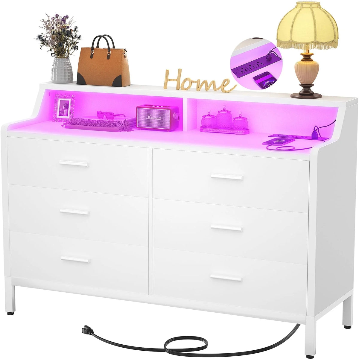 White 6 Drawer Dresser with Power Outlets and LED Light B434