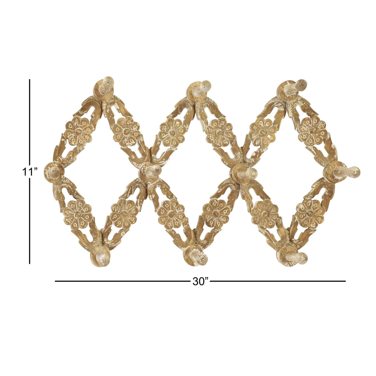 Large Natural Wood Wall Hook Accordion Rack with 10 Wood Pegs I480