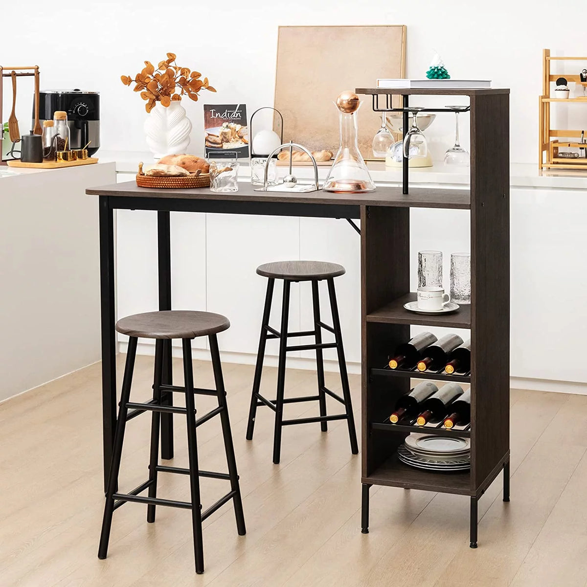 Bar Table and Chairs Set for 2, 3-Piece Counter Height Dining Table Set with Shelves L78811