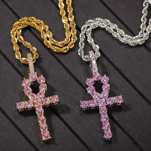 14K Gold Over Finish Simulated Diamond Pink Egyptian Ankh Cross Charm Pendant Necklace K46637