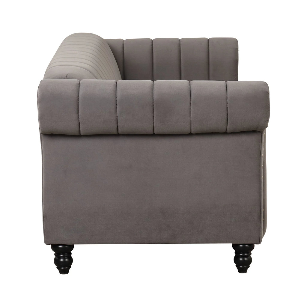 Gray Buttoned Tufted Sofa with Solid Wood Legs E262