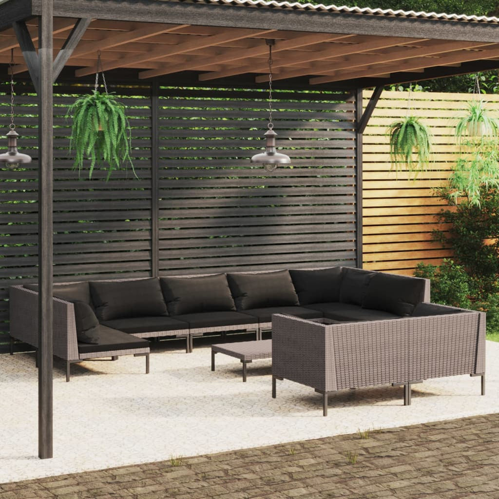 10 Piece Poly Rattan Dark Gray Patio Sectional Sofa Set with Cushions M465261