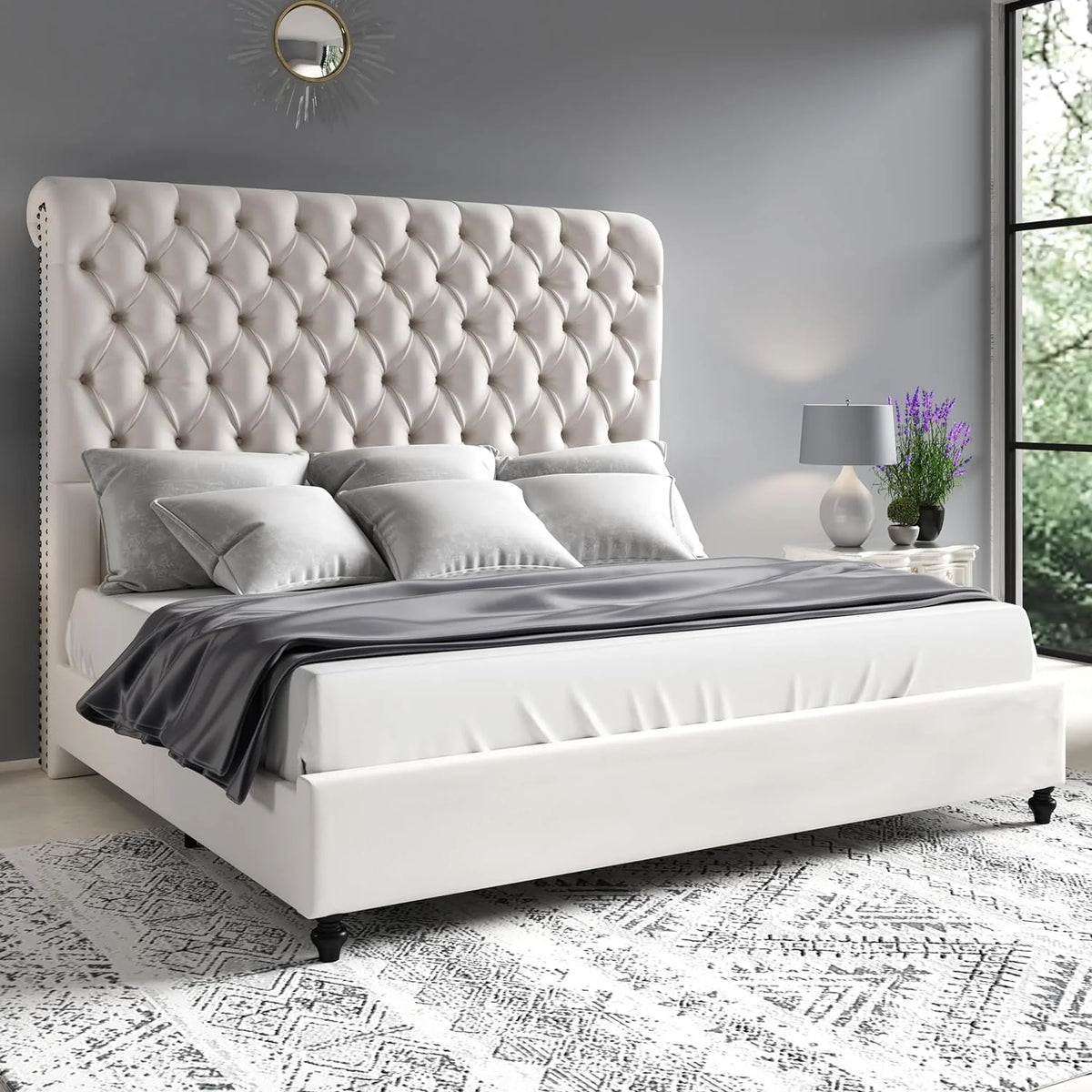 King Size Velvet Upholstered Platform Bed with Sleigh Headboard F878030